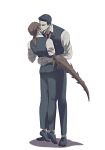  2boys arms_around_waist arthropod_limbs black_hair black_vest brown_hair closed_eyes collared_shirt gamedaeha gregor_(project_moon) hair_slicked_back highres kiss lcb_uniform_(project_moon) lifting_person limbus_company low_ponytail meursault_(project_moon) multiple_boys necktie ponytail project_moon red_necktie shirt simple_background sleeves_rolled_up vest white_background white_shirt yaoi 