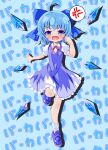  1girl ahoge anger_vein blue_bow blue_dress blue_eyes blue_hair blue_shoes blush bow cirno collared_shirt commentary_request detached_wings dress fang full_body hair_bow highres ice ice_wings leg_up looking_at_viewer neck_ribbon open_mouth pinafore_dress puffy_short_sleeves puffy_sleeves red_ribbon ribbon shirt shoes short_sleeves skin_fang sleeveless sleeveless_dress socks solo spoken_anger_vein tearing_up tears touhou translation_request wall_of_text white_shirt white_socks wings yoppi98ro 