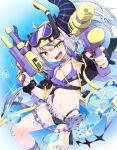  1girl bandaid bandaid_on_leg belt bikini black_jacket black_nails collar demon_horns goggles goggles_on_head grey_hair highres holding holding_water_gun hololive holonatsu_paradise horns jacket keven_(ewdx3754) la+_darknesss la+_darknesss_(holonatsu_paradise) looking_at_viewer navel official_alternate_costume open_mouth pointy_ears smile snorkel solo striped_horns swimsuit tail twintails virtual_youtuber water_gun yellow_eyes 