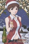  1girl absurdres alternate_costume belt belt_buckle black_belt brown_eyes brown_hair buckle champagne_flute christmas collarbone cup dress_shirt drinking_glass grin hat highres holding holding_cup jewelry kasugano_sakura looking_at_viewer midriff navel necklace red_hat red_shirt red_skirt santa_costume santa_hat shirt short_hair skirt sleeveless sleeveless_shirt smile solo stomach street_fighter tyanoki white_wrist_cuffs wrist_cuffs 