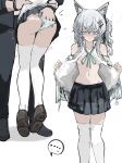  1boy 1girl absurdres animal_ears arknights ass bare_shoulders black_skirt blue_eyes blue_ribbon blush breasts cat_ears cat_girl commentary_request doctor_(arknights) embarrassed hair_between_eyes hair_ornament hairclip hand_in_another&#039;s_panties hetero highres hug infection_monitor_(arknights) long_hair medium_breasts miniskirt multiple_views navel neck_ribbon nervous nipples no_bra no_tail open_clothes open_shirt panties parted_lips plaid_clothes plaid_skirt pleated_skirt presenting ribbon rosmontis_(arknights) skirt small_breasts solo_focus standing stomach striped_clothes striped_panties thighhighs thighs tiptoes underwear undressing whate=3r white_hair 