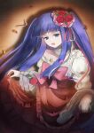  1girl :d blue_eyes blue_hair blunt_bangs blunt_sidelocks boombi bow collarbone confetti cowboy_shot cross-laced_clothes cross-laced_skirt flower frilled_skirt frills furudo_erika hair_flower hair_ornament high-waist_skirt highres long_sleeves looking_at_viewer open_mouth puffy_long_sleeves puffy_sleeves purple_bow red_flower red_rose red_skirt rose shadow sidelocks skirt skirt_hold smile solo spotlight twintails umineko_no_naku_koro_ni wide_sleeves 