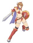  absurdres armor armored_boots bandaid bandaid_on_face bandaid_on_leg bandaid_on_nose belt bikini bikini_armor black_socks blue_scarf blush boots breasts brown_belt brown_eyes brown_hair circlet closed_mouth commentary cosplay dragon_quest dragon_quest_iii fingerless_gloves fukana_miyu_(kokuya28) full_body gloves groin hair_ornament highres holding holding_shield holding_sword holding_weapon kneehighs kokuya_(kokuya28) looking_at_viewer medium_breasts navel original pauldrons red_armor red_bikini red_gloves scarf shield short_hair shoulder_armor simple_background smile socks swimsuit sword symbol-only_commentary thigh_strap warrior_(dq3) warrior_(dq3)_(cosplay) weapon white_background x_hair_ornament 