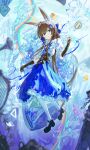  1girl absurdres ahoge amiya_(arknights) animal_ears arknights arm_warmers armor black_armor black_gloves black_shoes blue_eyes blue_skirt brown_hair chromatic_aberration closed_mouth commentary drink elbow_gloves english_commentary floating full_body gloves highres jewelry long_hair looking_at_viewer multiple_rings pantyhose puffy_short_sleeves puffy_sleeves ring saraph_se_la shoes short_sleeves single_arm_warmer single_elbow_glove skirt smile solo split_mouth star_(symbol) triangle white_pantyhose 
