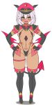  1girl :d areola_slip ass_visible_through_thighs bikini black_bikini black_gloves blush boots breasts cameltoe covered_nipples dark-skinned_female dark_skin demon_girl demon_tail demon_wings elbow_gloves flat_color frozen_gingasan full_body gloves gunslinger_stratos hair_between_eyes hands_on_own_hips hat highleg highres looking_at_viewer low_wings medium_breasts navel open_mouth peaked_cap pink_hair pubic_tattoo revealing_clothes shinou_matsurika simple_background skirt slave_gear slingshot_swimsuit small_breasts smile solo standing swimsuit tail tan tattoo thigh_boots thigh_strap thighhighs thighs ts_magical_girl_nao twintails white_background wings yellow_eyes 
