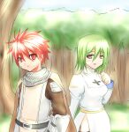  1boy 1girl 2000s_(style) alternate_color armor bandaid bandaid_on_cheek bandaid_on_face blue_sky blush breasts brown_cape brown_eyes brown_shirt brown_tabard cape chainmail closed_mouth cloud commentary_request cowboy_shot cross day dress expressionless forest garter_straps green_hair hair_between_eyes juliet_sleeves knight_(ragnarok_online) long_bangs long_sleeves looking_at_viewer medium_breasts nature open_mouth outdoors priest_(ragnarok_online) puffy_sleeves rafoll ragnarok_online red_eyes red_hair shirt short_hair side_slit sky smile spiked_hair tabard white_dress 