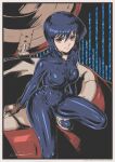  1girl absurdres blue_bodysuit blue_hair bodysuit breasts breasts_apart brown_gloves closed_mouth fingerless_gloves ghost_in_the_shell gloves hair_between_eyes highres kusanagi_motoko looking_at_viewer medium_breasts red_eyes short_hair skin_tight solo straight_hair tyanoki 