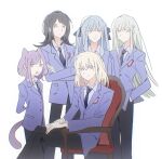  5girls animal_ears arms_behind_back ave_mujica_(bang_dream!) bang_dream! bang_dream!_it&#039;s_mygo!!!!! black_hair black_pants blonde_hair blue_eyes blue_hair blue_necktie blue_ribbon cat_ears cat_girl cat_tail chair closed_mouth commentary crossed_arms green_hair hair_between_eyes hair_ornament hair_ribbon hairclip hand_in_pocket highres jacket kemonomimi_mode long_hair long_sleeves medium_hair misumi_uika multiple_girls necktie open_mouth ouran_high_school_host_club ouran_high_school_uniform pants pink_eyes purple_eyes purple_hair purple_jacket reiboubyou ribbon school_uniform shirt short_hair sidelocks simple_background sitting standing tail togawa_sakiko two_side_up wakaba_mutsumi white_background white_shirt yahata_umiri yellow_eyes yuutenji_nyamu 