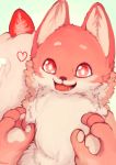  &lt;3 absurd_res ambiguous_gender black_nose canid canine color_fox food fox fruit fur fur_tuft hi_res looking_at_viewer mammal multicolored_fur pink_fur plant red_eyes red_tongue simple_background solo strawberry tan_fur tan_pawpads tongue tuft two_tone_fur 