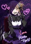  1girl artist_name belt black_dress black_nails blush boku_no_hero_academia character_name cross cross_necklace double_bun dress frilled_thighhighs frills hair_bun hand_up highres jewelry kanzaki_izumi looking_at_viewer maid maid_headdress necklace o-ring purple_background short_hair sitting solo thighhighs toga_himiko yellow_eyes 