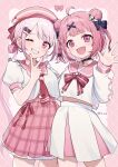  2girls :d ahoge alternate_costume black_choker bow bowtie braid choker cowboy_shot cropped_shirt crown_braid double_bun e94_(e11_kb) grin hair_bun hair_ornament hair_ribbon hairclip high-waist_skirt highres long_sleeves multiple_girls necktie nijisanji one_eye_closed open_mouth panda_hair_ornament pink_eyes pink_hair pink_sailor_collar pink_skirt pleated_skirt puffy_short_sleeves puffy_sleeves red_bow red_bowtie red_necktie ribbon sailor_collar sasaki_saku sasaki_saku_(6th_costume) shiina_yuika shiina_yuika_(7th_costume) shirt short_sleeves side_braid skirt smile two-tone_background v virtual_youtuber white_shirt white_skirt x_hair_ornament 