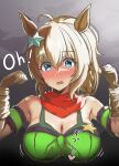  absurdres animal_ears armband bandeau blue_eyes blush breasts brown_gloves gloves green_armband green_bandeau hair_ornament highres horse_ears horse_girl looking_at_viewer open_mouth red_scarf scarf star_(symbol) star_hair_ornament taiki_shuttle_(umamusume) titan_mk.ii umamusume 