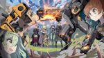  1boy 6+girls :3 adam_(stellar_blade) arm_up banner bare_shoulders black_dress black_hair blonde_hair blue_eyes blue_sky blunt_bangs bodysuit boots breasts brown_hair chime_(nikke) clenched_teeth cloud cloudy_sky commentary_request crossed_arms crossover crown crown_(nikke) dress drill_hair dust_cloud eve_(stellar_blade) exhaust_pipe exoskeleton fence gloves glowing glowing_eyes goddess_of_victory:_nikke green_bodysuit green_eyes green_hair grey_hair grin hair_between_eyes hair_ribbon hand_up hands_up helmet high_heels highres hood incoming_attack incoming_punch inset jumpsuit kilo_(nikke) lamppost lily_artemis_ii_(stellar_blade) long_hair long_sleeves mecha modernia_(nikke) modernia_(second_affection)_(nikke) multicolored_bodysuit multiple_girls open_mouth outdoors own_hands_clasped own_hands_together pantyhose ponytail providence_(stellar_blade) puffy_sleeves punching red_eyes ribbon robot shirt short_hair shorts sky sleeveless smile sparks stellar_blade sweat syope talos_(nikke) teeth thighhighs twin_drills very_long_hair white_bodysuit white_gloves white_shirt wide_sleeves wooden_fence yellow_gloves 