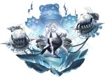  1girl absurdly_long_hair absurdres anchor_symbol artist_request azur_lane bear black_cape blue_neckerchief blue_skirt boots bow buttons cannon cape chain cloak coat dmitri_donskoi_(azur_lane) fang floating floating_object floating_weapon full_body fur_trim ghost hair_between_eyes hand_up hat highres ice jacket leg_up long_hair long_sleeves machinery miniskirt navel neckerchief non-web_source off_shoulder official_art open_mouth pantyhose peaked_cap pleated_skirt purple_eyes ribbon rigging sailor_collar sidelocks skirt sleeves_past_wrists smile standing standing_on_one_leg stuffed_animal stuffed_toy teddy_bear transparent_background twintails two-sided_fabric very_long_hair very_long_sleeves weapon white_cloak white_coat white_hair white_jacket white_pantyhose white_sailor_collar wide_sleeves 