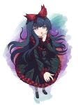  1girl black_dress black_shoes black_souls black_souls_2 blue_eyes blue_hair blush bow cross dress frilled_bow frilled_dress frilled_shirt_collar frilled_sleeves frills gradient_background hand_on_own_face hand_up head_bow highres hime_cut horizontal-striped_socks koshou_shou_mitsu long_hair looking_at_viewer mabel_(black_souls) outstretched_arm pointing red_nails red_ribbon ribbon shoes simple_background smile socks solo star-shaped_pupils star_(symbol) striped_clothes striped_socks symbol-shaped_pupils teeth upper_teeth_only white_background 