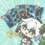  1girl arikuigames1105 arm_up armlet bracelet bright_pupils cape card chibi colored_tips commentary_request cross-shaped_pupils detached_sleeves dress emphasis_lines exodia_the_forbidden_one genius_invokation_tcg genshin_impact gold gold_trim gradient_hair green_background green_cape green_eyes green_hair green_sleeves hair_between_eyes hair_ornament hand_up highres holding holding_card jewelry leaf leaf_hair_ornament light_blush light_frown long_hair looking_at_viewer mecha mechanical_arms mechanical_head mechanical_legs multicolored_hair nahida_(genshin_impact) open_mouth parody robot scaramouche_(genshin_impact) scaramouche_(shouki_no_kami)_(genshin_impact) side_ponytail sidelocks socks solo symbol-shaped_pupils tareme twitter_username white_dress white_hair white_pupils white_socks yu-gi-oh! 