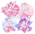  4girls :&lt; aisha_landar elsword eve_(elsword) eyebrows_visible_through_hair fang fang_out g_ieep heart highres idol laby_(elsword) luciela_r._sourcream multiple_girls ribbon sharp_teeth smile star teeth twintails 