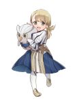  1girl blonde_hair blue_gloves dress feh_(fire_emblem_heroes) fire_emblem fire_emblem_heroes full_body gloves green_eyes holding kishiro_az long_hair long_sleeves open_mouth sharena solo stuffed_toy younger 