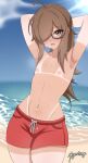  1boy absurdres ahoge armpits arms_behind_head arms_up artist_name beach blue_sky blurry blurry_background blush brown_eyes brown_hair collarbone commentary cowboy_shot day english_commentary glasses hair_over_one_eye highres long_hair looking_at_viewer male_swimwear meganethings mole mole_on_armpit mole_on_nipple mole_on_stomach mole_under_eye multiple_moles navel nipples ocean one_eye_covered open_mouth original outdoors parted_bangs red_male_swimwear red_swim_trunks semi-rimless_eyewear sky solo standing swim_trunks tan tanlines teeth trap under-rim_eyewear upper_teeth_only 