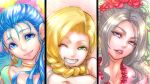  3girls aqua_tank_top armlet bianca_(dq5) black_border blonde_hair blue_eyes blue_hair border bow brown_hair choker colored_eyelashes commentary_request deborah_(dq5) dragon_quest dragon_quest_v dress earrings flora_(dq5) flower fur_shawl gold_choker gold_earrings gold_trim green_eyes grin hair_bow hair_flower hair_ornament hair_pulled_back half_updo head_tilt hoop_earrings jewelry long_hair looking_at_viewer mole mole_under_eye multiple_girls one_eye_closed parted_lips pink_bow pink_dress pink_eyes portrait red_flower red_rose rose shawl siblings side_part silver_armlet sisters smile tank_top tsukimi_(eyhyexx) 