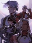 4boys artist_name black_gloves black_hair citan_uzuki glasses gloves grin gun hair_over_one_eye highres holding holding_gun holding_weapon jessiah_black kahran_ramsus long_hair male_focus mature_male mecha_pilot_suit multiple_boys proxysart red_gloves serious sheath sheathed short_hair sigurd_harcourt smile upper_body weapon white_hair xenogears 