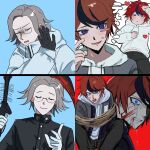 2boys ahoge angry aotsuki_eito black_gloves black_jacket black_pants black_streaks blood blood_on_face blue_eyes blush blush_stickers bound bound_arms crying crying_with_eyes_open disgust drakeposting_(meme) drawstring gakuran glasses gloves grey_hair grey_jacket heart highres holding holding_scythe hood hoodie injury jacket jacket_over_hoodie last_defense_academy_school_uniform looking_at_viewer male_focus meme multicolored_hair multicolored_jacket multiple_boys pants red_hair rope school_uniform scratching_cheek scythe short_hair simple_background siokonbu100 smile spoilers streaked_hair sumino_takumi tears the_hundred_line_-last_defense_academy- two-tone_jacket weapon white_gloves white_hoodie white_jacket 