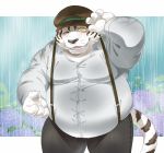  2019 anthro belly blush bottomwear clothing felid fur hat headgear headwear hi_res humanoid_hands male mammal moobs nikiciy one_eye_closed overweight overweight_male pantherine pants raining shirt solo tiger topwear white_fur wink yellow_eyes 