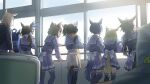  6+girls absurdres air_messiah_(umamusume) air_shakur_(umamusume) animal_ears bag black_hair blonde_hair blue_hair bow brown_hair cesario_(umamusume) chair clothes_around_waist daitaku_helios_(umamusume) ear_covers ear_ornament feet_out_of_frame from_behind fuyukayui high_ponytail highres horse_ears horse_girl horse_tail indoors long_hair long_sleeves low_ponytail mejiro_palmer_(umamusume) multicolored_hair multiple_girls narita_top_road_(umamusume) ponytail purple_shirt purple_skirt purple_thighhighs railing sailor_collar scarf school_bag school_uniform shirt short_hair skirt sounds_of_earth_(umamusume) standing streaked_hair tail tail_through_clothes thighhighs tracen_school_uniform twin_turbo_(umamusume) umamusume white_bow window 