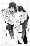  2boys arm_belt beard_stubble belt belt_buckle bruise buckle choker closed_eyes closed_mouth clothed_male_nude_male collarbone collared_shirt commentary completely_nude covering_another&#039;s_mouth cropped_legs earrings english_commentary facial_hair falling_feathers feathered_wings feathers gallagher_(honkai:_star_rail) greyscale hair_behind_ear hand_on_another&#039;s_arm hand_over_another&#039;s_mouth head_wings highres hole_in_chest hole_on_body honkai:_star_rail honkai_(series) injury jacket jacket_on_shoulders jewelry long_hair looking_at_another male_focus medium_hair monochrome multiple_belts multiple_boys nipples nude o-ring o-ring_choker pants penis piercing punching reverse_ryona scar scar_on_leg shirt skinny small_penis smile speech_bubble stomach_punch stubble sunday_(honkai:_star_rail) tears testicles thebloodysadist thigh_strap vomit wing_collar winged_penis wings yaoi 