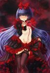  1girl alcohol ars_lycorys black_shrug black_skirt black_souls black_souls_2 black_thighhighs blue_hair blush bow bow_hairband bowtie closed_mouth commission cup drinking_glass flat_chest frilled_shrug frilled_skirt frills garter_straps grey_eyes hairband high-low_skirt highres hime_cut lace-trimmed_thighhighs lace_trim long_hair long_sleeves looking_at_viewer mabel_(black_souls) navel nipples pouring pouring_onto_self red_bow red_bowtie red_hairband shrug_(clothing) skirt smile solo sparkle standing star-shaped_pupils star_(symbol) stomach symbol-shaped_pupils thighhighs tongue tongue_out very_long_hair wine wine_glass 