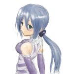  1girl 2000s_(style) arms_behind_back assassin_(ragnarok_online) bandages bandages_over_clothes blue_hair blush breasts closed_mouth commentary_request elbow_gloves expressionless from_behind gloves green_eyes long_bangs long_hair looking_at_viewer looking_back low_ponytail medium_breasts ponytail purple_gloves purple_shirt rafoll ragnarok_online shirt simple_background sketch sleeveless sleeveless_shirt solo upper_body white_background 