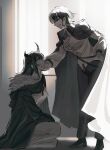  2girls alternate_costume ascot asymmetrical_horns breasts cloak curtains demon_horns eye_contact from_side fur-trimmed_cloak fur_trim greyscale grin hand_on_another&#039;s_chin hand_on_own_hip highres hololive hololive_english horns komilius large_breasts long_hair long_sleeves looking_at_another monochrome multicolored_hair multiple_girls nerissa_ravencroft on_one_knee pants profile puffy_long_sleeves puffy_sleeves reference_request shiori_novella shirt shoes smile split-color_hair standing sunlight two-tone_hair uneven_horns virtual_youtuber white_shirt window 