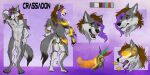 absurd_res animal_genitalia anthro armor balls brown_hair canid canine chumbasket color_swatch crassadon fangs front_view fur genitals green_eyes grey_body grey_fur hair hi_res long_hair male male_anthro mammal model_sheet mouth_closed nude open_mouth penis penis_tip purple_hair rear_view red_tongue sheath solo standing teeth tongue white_balls white_body white_fur white_sheath