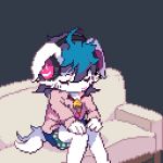  1:1 animated anthro blue_hair bottomwear clothing digital_media_(artwork) eyes_closed female hair headphones japanese_text low_res ouroporos pixel_(artwork) shorts sitting sofa text unknown_species 