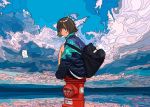  1girl backpack bag bangs black_backpack black_hair blue_sky cloud cloudy_sky flat_color from_behind harusameriburo knees_up ligne_claire long_sleeves looking_back original outdoors short_hair sitting sky solo 