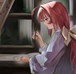  1girl ahoge bow chinese_commentary closed_mouth commentary_request from_side hair_bow hand_up holding holding_pen indoors kagami_sumika light_smile long_hair long_sleeves low_ponytail muv-luv notebook pen ponytail profile red_eyes red_hair robe solo takasata_takina upper_body white_robe window yellow_bow 