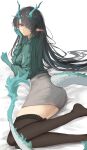  1girl absurdres alternate_costume arknights black_hair black_thighhighs dragon_girl dusk_(arknights) eastern_dragon_horns eastern_dragon_tail from_side green_hair green_horns green_jacket grey_skirt hair_over_one_eye highres horns hrk_(dxez4457) jacket lace-trimmed_thighhighs lace_trim long_hair looking_at_viewer looking_to_the_side lying multicolored_hair on_side pointy_ears red_eyes skirt solo streaked_hair thighhighs two-tone_hair 