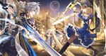  1boy 2girls armor artoria_pendragon_(fate) black_boots black_gloves black_pants black_pantyhose blonde_hair blue_dress blue_eyes boots chinese_commentary closed_mouth coat commentary_request dress excalibur_(fate/stay_night) faceoff fate/stay_night fate/unlimited_blade_works fate_(series) fingerless_gloves gloves high_heel_boots high_heels highres holding holding_sword holding_weapon honkai:_star_rail honkai_(series) long_sleeves multiple_girls pants pantyhose phainon_(honkai:_star_rail) saber_(fate) saber_(honkai:_star_rail)_(fate) short_hair shoulder_armor single_fingerless_glove stelle_(honkai:_star_rail) sword trailblazer_(honkai:_star_rail) vardan weapon white_coat white_hair 