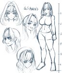  1girl abs absurdres angry breasts chain earrings english_commentary hair_intakes highres hololive hololive_english jewelry large_breasts looking_at_viewer multiple_views navel open_mouth ouro_kronii sacrokies shorts sketch teeth tongue 