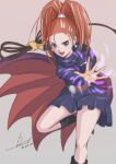  1girl :d absurdres barbara_(dq6) black_dress black_socks cape dragon_quest dragon_quest_vi dress grey_background high_ponytail highres holding holding_whip kneehighs leg_up ponytail red_eyes red_hair short_dress signature simple_background smile socks tyanoki 