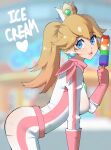  1girl absurdres ass bandana biker_clothes biker_peach bikesuit blonde_hair blue_eyes bodysuit breasts crown earrings food gjh gloves highres holding holding_food holding_popsicle jewelry large_breasts long_hair looking_at_viewer mario_(series) mario_kart mario_kart_world official_alternate_costume parted_lips pink_bandana pink_bodysuit pink_gloves pink_scarf ponytail popsicle princess_peach racing_suit saliva saliva_trail scarf smile solo sphere_earrings 