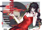  1girl amamiya_ren border breasts cleavage commentary dress earrings english_text genderswap genderswap_(mtf) glasses grey_background highres holding holding_microphone hoop_earrings jewelry large_breasts long_hair microphone nail_polish outside_border persona persona_5 red_dress red_nails smile solo symbol-only_commentary wavy_hair white_border xiaorourose 