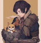  1boy animal animal_collar arm_belt arms_up asa02 bell belt belt_buckle black_jacket blush brown_belt brown_fur brown_hair buckle cat closed_eyes closed_mouth collar commentary_request freckles fur-trimmed_collar fur_trim hair_behind_ear highres holding jacket lies_of_p male_focus multiple_belts neck_bell orange_cat parted_hair partially_unzipped pinocchio_(lies_of_p) plaid_clothes prosthesis prosthetic_arm red_collar short_hair smile solo tabby_cat upper_body 