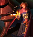  1boy absurdres armor artist_name cape clenched_hand flaming_hand grahf highres id_(xenogears) linnaealyn long_hair mecha orange_eyes red_hair robot standing xenogears 