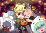  1girl 5boys against_fourth_wall animal_collar animal_ear_hairband animal_ears animal_hands arm_warmers artist_name baby bag bandaid bandaid_on_face bare_arms bare_tree basket black_cape black_hair black_hairband black_pants blonde_hair blood blood_on_clothes blood_on_face blood_on_hands blood_writing blue_eyes blue_hair blue_shirt blue_skin candy candy_wrapper cape cloak closed_mouth collar colored_skin commentary cookie costume covered_eyes crossed_bandaids crown dog_ears dog_tail drooling fake_animal_ears fake_tail fang fingernails floating food frankenstein_(puyopuyo) ghost_costume ghost_tail gloves grass green_hair green_skin hair_between_eyes hair_over_eyes hairband halloween halloween_bucket halloween_costume hands_up happy_halloween highres holding holding_basket holding_sign hood hood_up hooded_cloak jack-o&#039;-lantern leash lollipop looking_at_viewer mini_crown motimoti_mgmg mouth_drool multiple_boys nail_polish o_o object_through_head ocean_prince open_mouth orange_overalls otomo_(puyopuyo) overalls pants path paw_gloves paw_shoes pink_hair plastic_bag pumpkin purple_eyes puyopuyo puyopuyo_fever_2 red_cape red_collar red_eyes red_nails red_shirt rei_(puyopuyo) salde_canarl_shellbrick_iii screw screw_in_head sharp_fingernails shirt short_hair sign silk smile sparkling_eyes spider_web standing star_(symbol) stroller surprised swirl_lollipop tail tape tombstone torn_clothes torn_pants torn_shirt tree twitter_username two-sided_cape two-sided_fabric vampire_costume walking werewolf_costume white_arm_warmers white_cloak yellow_eyes yu_(puyopuyo) 