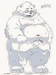  2018 anthro balls belly blush bodily_fluids bulge eyewear glasses hi_res male mammal moobs nipples overweight overweight_male solo sweat towel uokkom ursid 