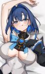  1girl :q absurdres arm_up blue_bow blue_eyes blue_gemstone blue_hair blue_nails bow breasts breasts_apart commentary detached_sleeves gem h4kuuua_0 hair_intakes heart-shaped_gem highres hololive hololive_english large_breasts looking_at_viewer lying on_back ouro_kronii ouro_kronii_(1st_costume) shirt single_detached_sleeve solo symbol-only_commentary tongue tongue_out virtual_youtuber white_shirt 