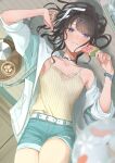  1girl absurdres belt black_hair blue_eyes blush bracelet breasts choker closed_mouth collarbone denim denim_shorts food hair_ornament highres holding holding_food holding_popsicle idolmaster idolmaster_shiny_colors jacket jewelry kazano_hiori long_hair long_sleeves looking_at_viewer lying mole mole_under_mouth on_back open_clothes open_jacket ponytail popsicle shirt shorts solo tank_top umirororo watermelon_bar 
