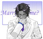  1boy dark-skinned_male dark_skin gloves heathcliff_(project_moon) jacket killerohan kiss kissing_hand limbus_company long_sleeves male_focus necktie partially_colored project_moon purple_eyes purple_necktie scar shirt short_hair simple_background solo upper_body vest white_background white_gloves white_jacket white_shirt white_vest 