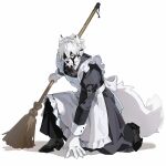  1boy alternate_costume animal_ears apron arm_belt back_bow belt belt_buckle black_belt black_dress black_shoes bow broom buckle closed_mouth collared_shirt crossdressing crossdressing_(mtf) dress enmaided fingernails frilled_apron frills furry furry_male highres holding holding_broom kneeling long_sleeves looking_ahead maid maid_apron male_focus male_maid mask neck_ribbon one_eye_covered red_eyes red_ribbon ribbon roru_(roru39) sharp_fingernails shirt shoes sleeve_cuffs solo von_lycaon white_apron white_background white_bow wing_collar wolf_boy zenless_zone_zero 
